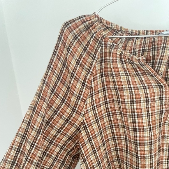 Old Navy Long Sleeve Split Neck Blouse brown plaid 100% cotton matching toddler - Picture 2 of 8